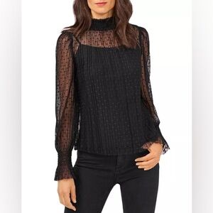 1. State Smocked Sheer Dot Top, Black, Medium